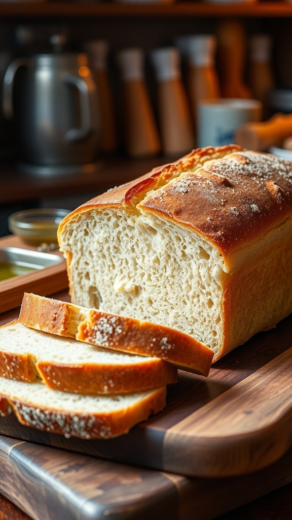 A loaf of eggless gluten-free bread sliced on a wooden board, showcasing its fluffy texture, with olive oil and herbs on the side.